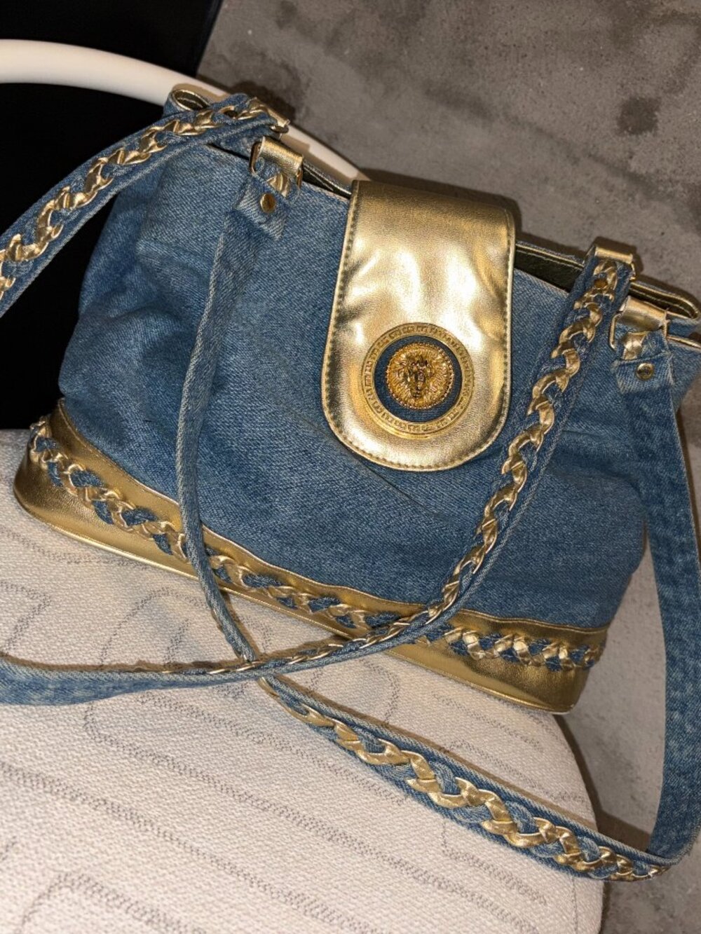 Vintage Lion Medallion Gold and Denim Purse
